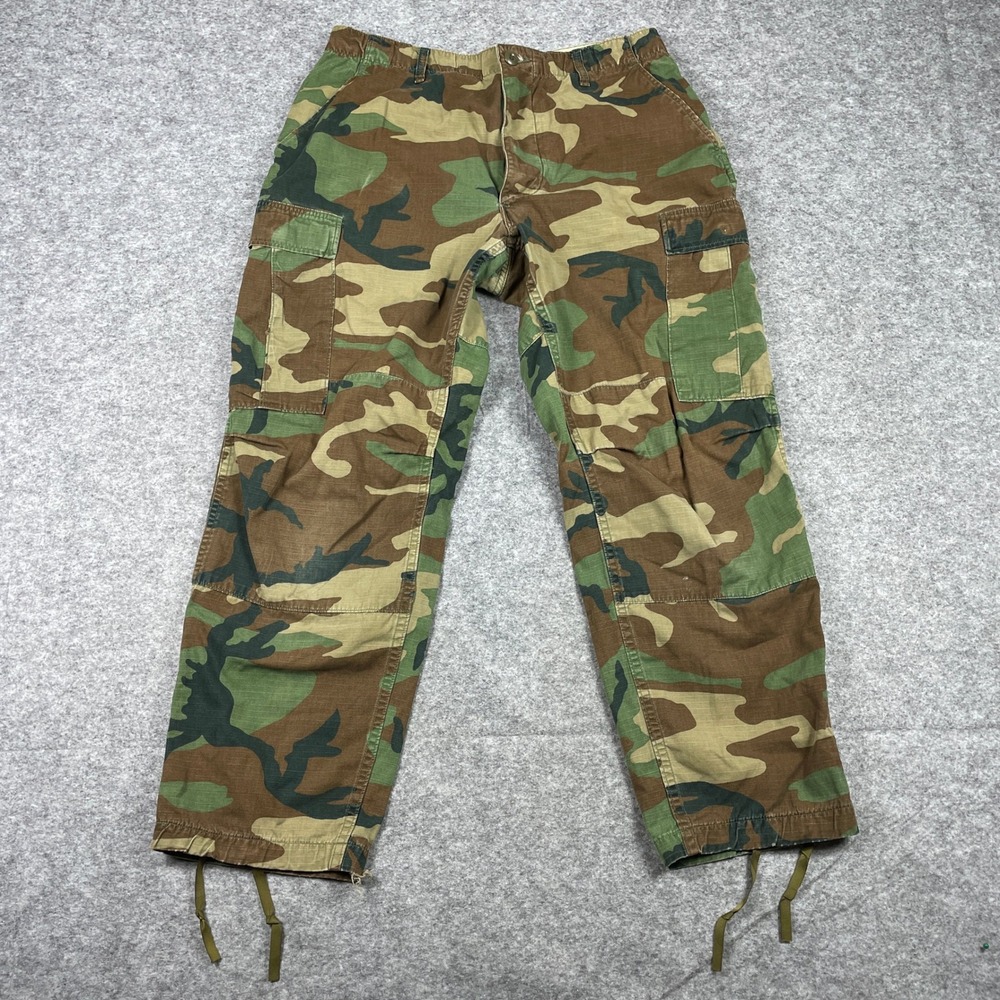Vintage US Military Cargo Pants Mens Medium Short Green Woodland Camo BDU 90s